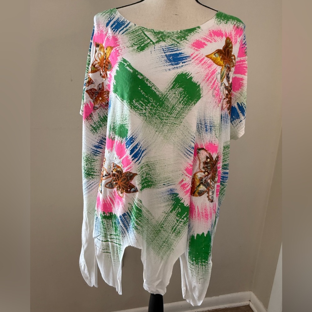 Crazy Fish boho tunic swim coverup starfish embellished paint brush strokes OS